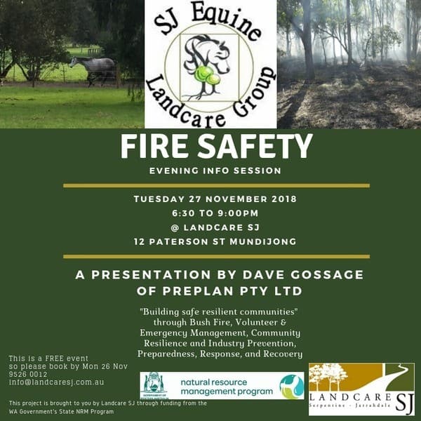 flyer for fire safety talk showing logo for SJ Equine Landcare Group