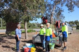 four members of Byford Enviro-link watering plants at the Byford information bay
